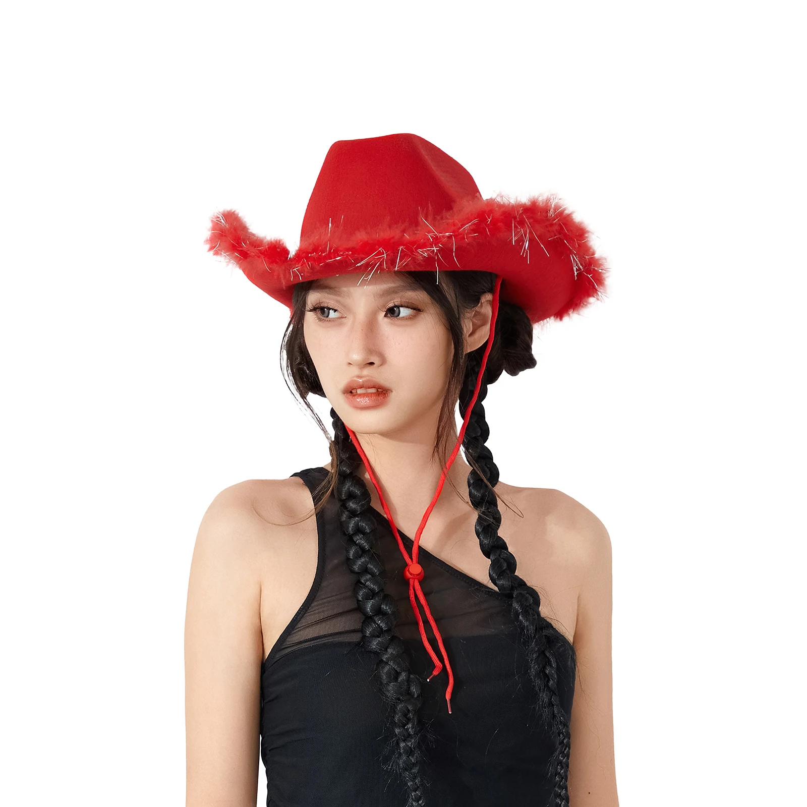 Women&acute;s Fashion Vintage Cowboy Hat Adult Solid Color Furry Trim Wide Brim Hat Female Cap for Dating Party
