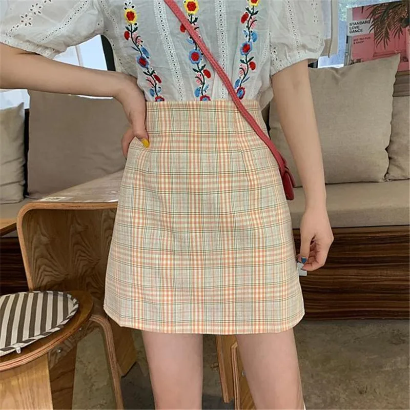 leather skirt 2022 Summer New Sexy Short Skirt Women Retro Bag Hip High-Waisted Skirt Lined Plaid A-Line Skirts School Girls jean skirt