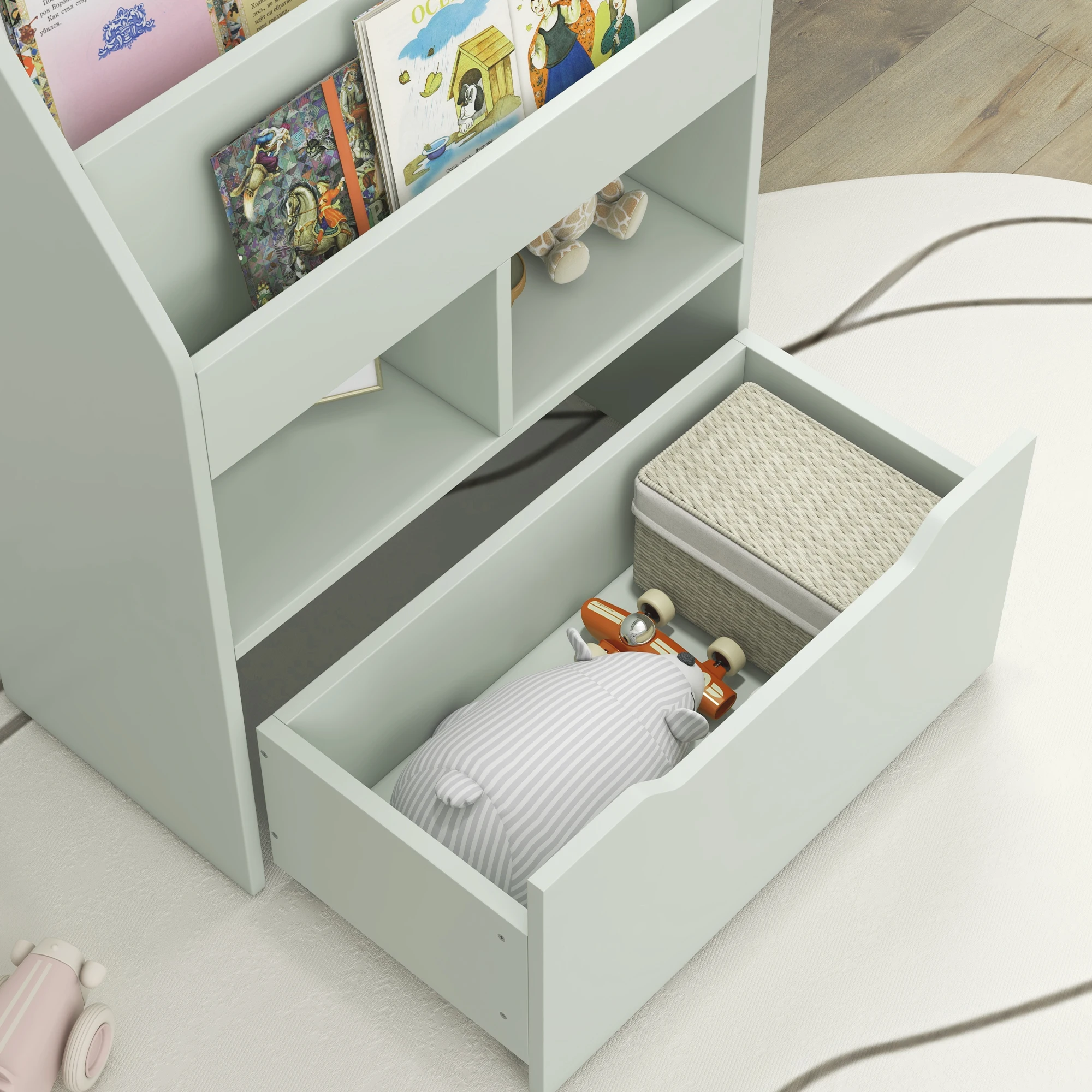 Kids Storage Bookcase Stand w/ Display Shelves & Drawer for Toys & Books, Green 6