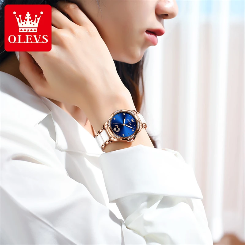 OLEVS Womens Watches Top Brand Luxury Ceramic Mechanical Watch for Women Waterproof Fashion Blue Dial Diamond Wristwatches