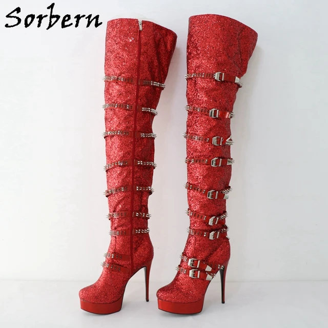 Red Thigh Thigh High Bling Boots Kinky Drag Queen Red Sequin Thigh