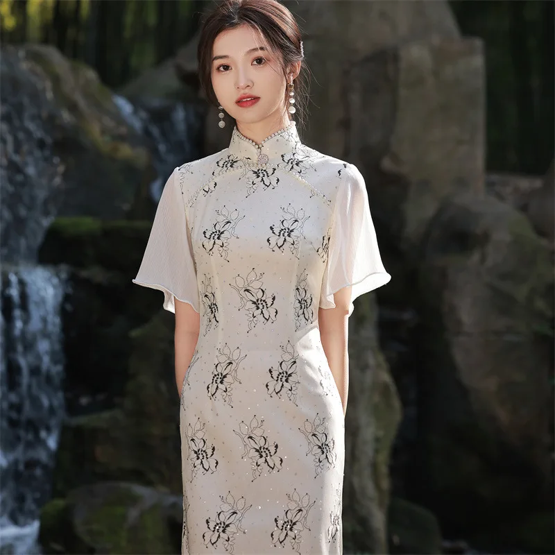 

Chinese Women Improve Lace Flying Sleeve Cheongsam Elegant Mandarin Collar Knee-Length Chiffon Qipao Dress