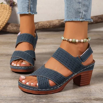 Hook Loop High Heels Sandals Women Summer 2025 Pu Leather Square Heel Rome Sandals Woman Open Toe Sexy Outdoor Sandalias Mujer