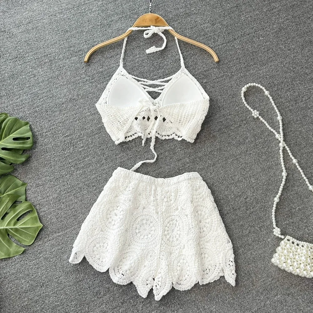 Beach Suit Beach Dress Set 2Piece Sets Women Summer Vacation Backless Camisole Elastic Waist Shorts Hollow Out Y2K Beach Style Suits 3294152 2Piece Sets Beach Women Summer Vacation Backless Camisole Elastic Waist Shorts Hollow Out Y2K Beach Style Suits