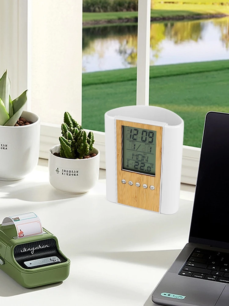 Clock Pen Holder Date Time Display Temperature Detection Ornaments Desktop Storage Decorative Perpetual Calendar Pen Holder 4