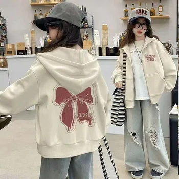 Girls Hooded Spring Jackets New Children Bow Print Coat 2025 Kids Autumn Fashion Outerwear Teenager Long-sleeved Hoodies Clothes