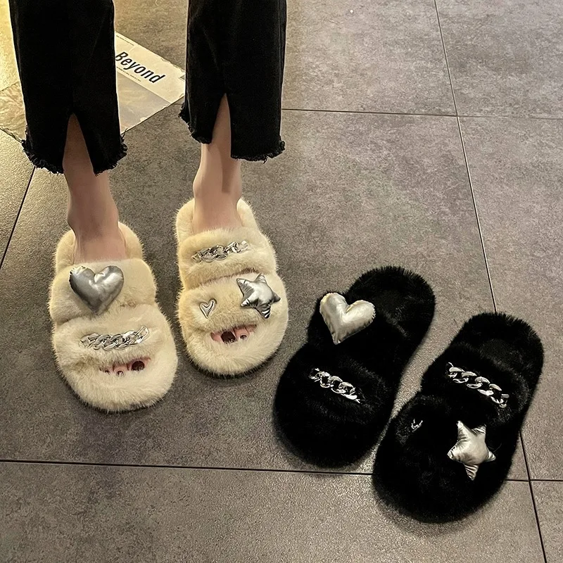 

Women's plush slippers: 2023 autumn and winter new ins niche design, internet red, high appearance, one line cotton slipper
