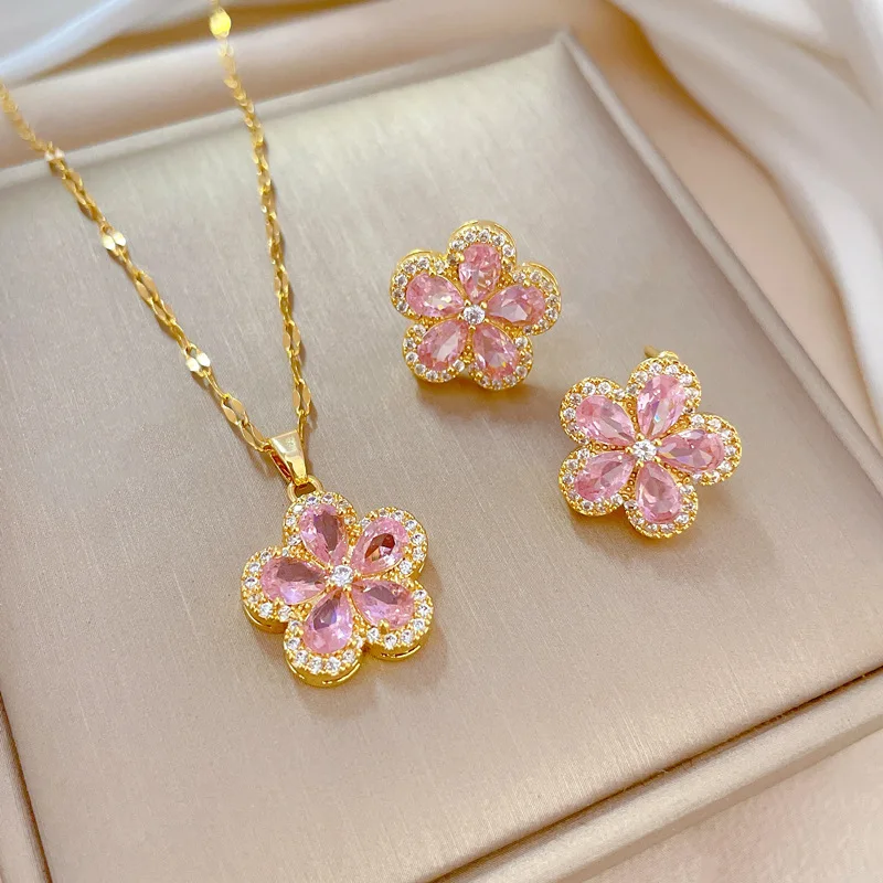 Gold Necklace Set Rose Colored Costume Jewelry DIEYURO 316L