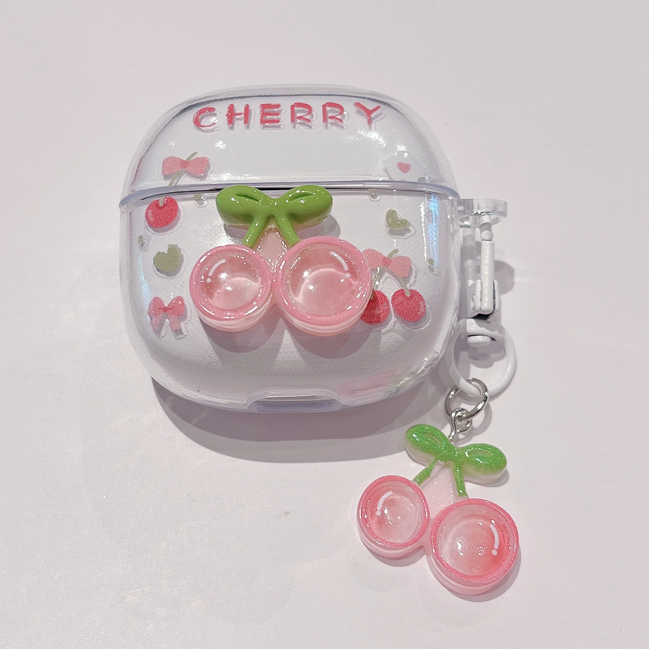 Adorable Clear TPU Earphone Case with Chain Keychain and Cartoon Flower Bear Design