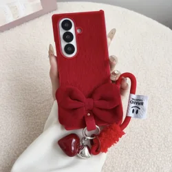 Funda de teléfono plegable con colgante de corazón de felpa, lazo 3D y correa de cuerda