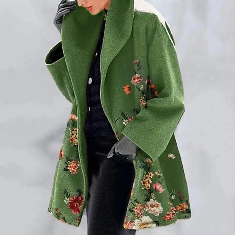 

Женская зимняя верхняя одежда, элегантное женское зимнее пальто с цветочным принтом, толстое теплое Свободное пальто со средней длиной и отложным воротником