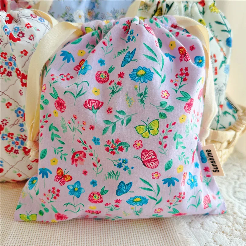 Floral Print Travel Drawstring Bag - Portable Cotton Organizer for Underwear, Socks, and Makeup