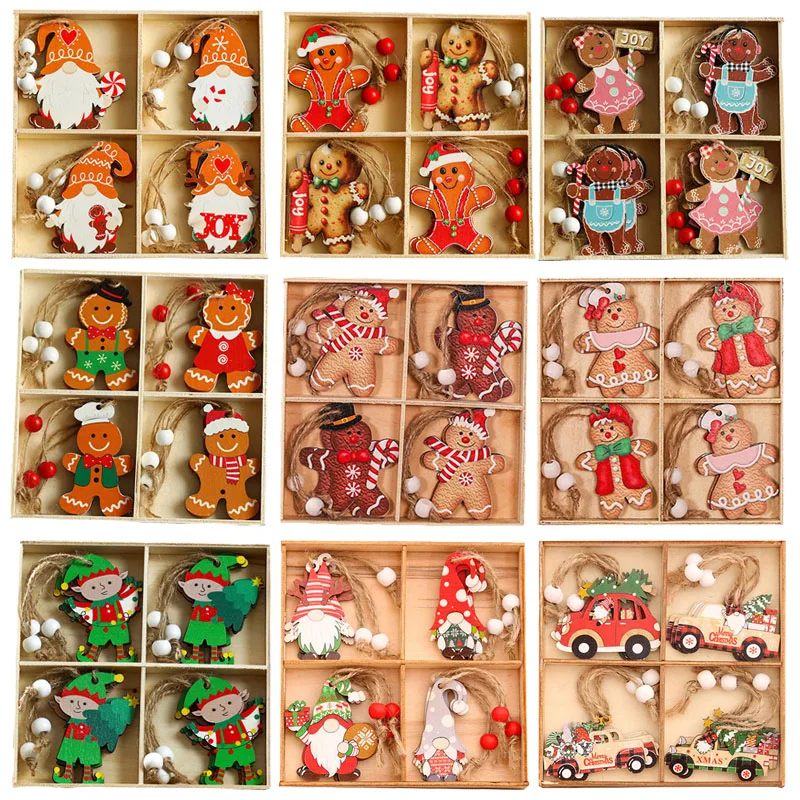 Christmas Wooden Pendants Gingerbread Man Gnomes Santa Claus Xmas Tree Hanging Oranment Xmas Decorations for Home Kids Gift