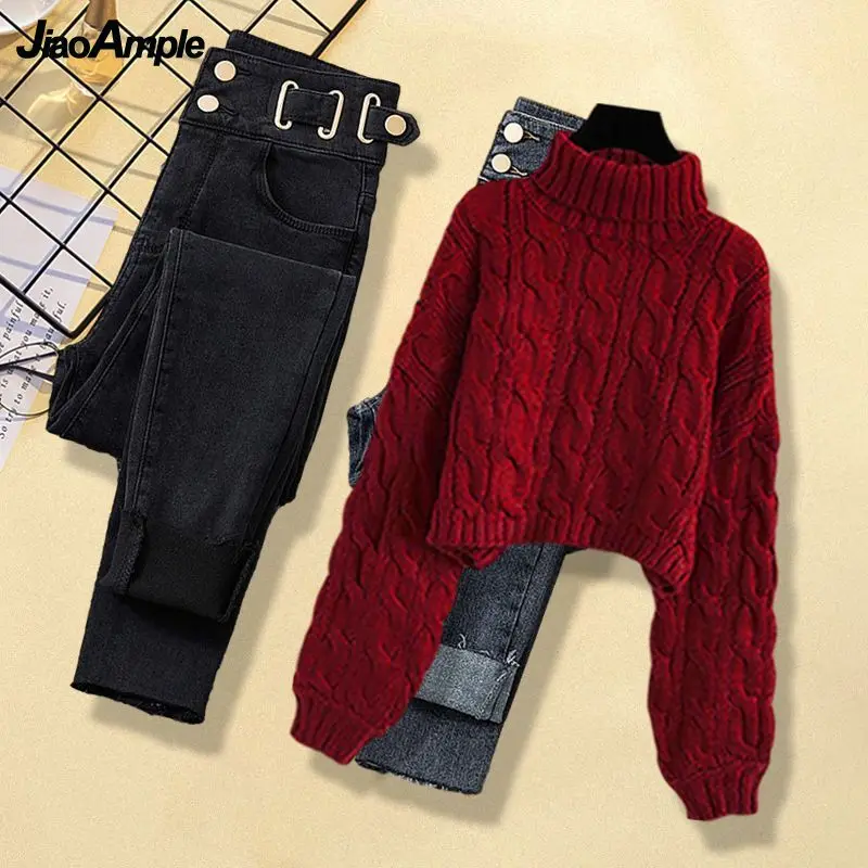 Women's Winter New High Neck Knitted Sweater Jeans Two Piece Korean Elegant Warm Pullover Denim Pants Matching Set Female Suit