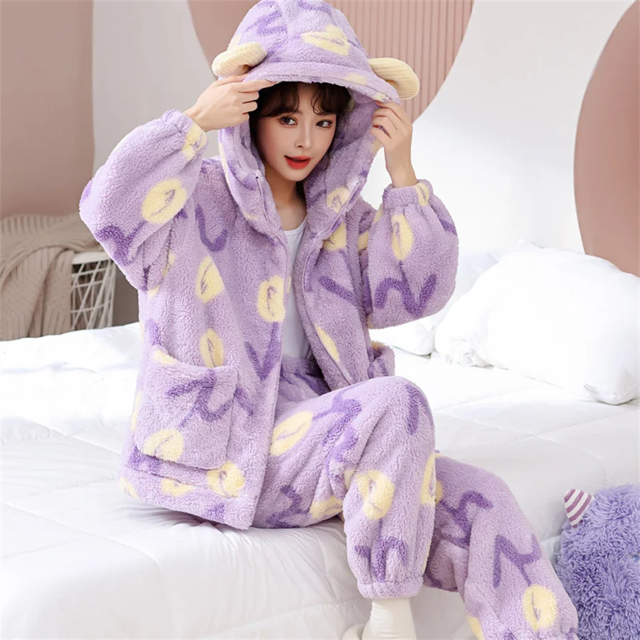 

Flowers Print Women's Pajamas Set 2024 New Winter Thick Fluffy Sleepwear for Sleeping Violet Woman Warm Hooded Zip-up Home Wear