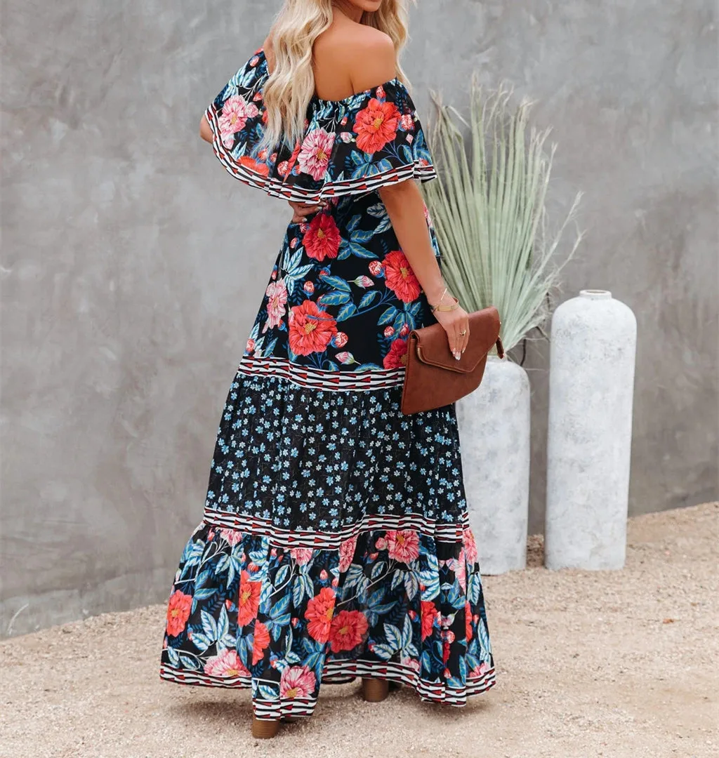 Flower Print Off Shoulder Long Dresses For Women Spring Summer New Fashion Temperament High Waist Leace-up Dress Female Vestidos 42 undefined