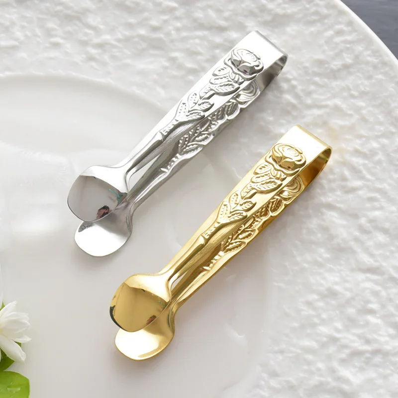 Rose Pattern Mini BBQ Food Clip Tongs 304 Stainless Steel Ice Cube Holder Cooking Grill Fruit Salad Clamp Kitchen Accessories food tongs