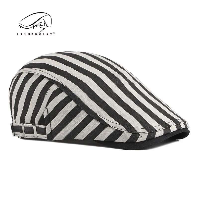 Men Women Beret Cotton Buckle Adjustable Stripe Pattern Newsboy Hats Cabbie Gatsby Flat Driving Hats Kpop Vintage
