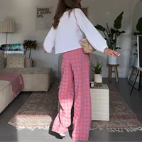 Combhasaki Women's Y2K Vintage Plaid Print Long Pants Elastic High Waist Wide Leg Loose Casual Aesthetic Trousers with Pockets 2