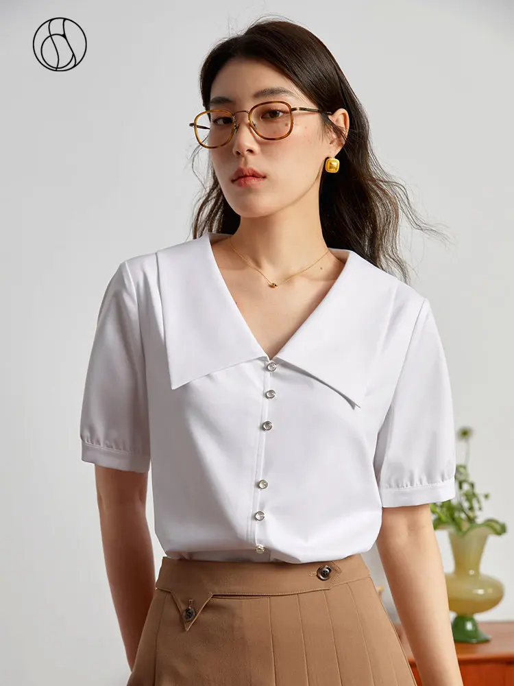 DUSHU Big Turn-Down Collar Women Solid Single Breasted Blouse Office Lady Summer Short Sleeve Shirts Simple Front Shoulder Shirt