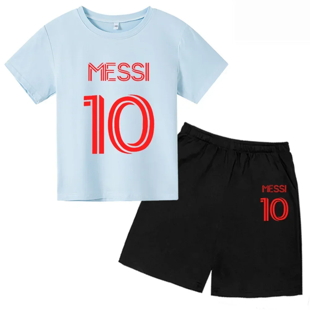 thumbnail image 1 of Nueva camiseta y pantalones cortos con estampado de Messi para niños y adolescentes, conjunto de 2 piezas, ropa de fútbol para niños y niñas, traje deportivo de moda de manga corta de verano, 1 of 5