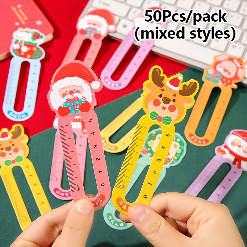 

50Pcs/pack Cartoon Christmas Bookmark Cute Santa Claus Snowman Student Ruler Bookmark Kawaii School Stationery Supplies Gifts