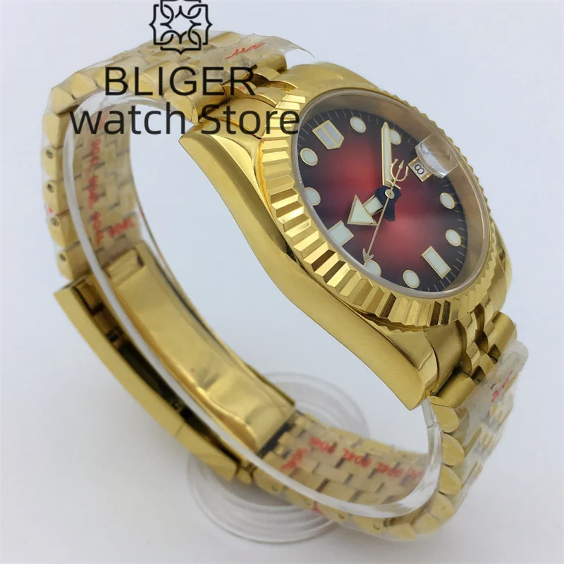 BLIGER 36mm 39mm Gold Polished Fluted Bezel Gradient Red