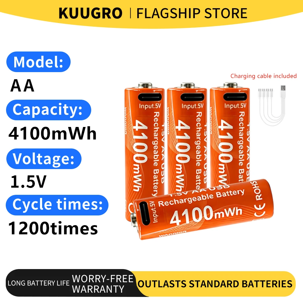 Kuugro Highest Capacity 1.5V 4100mWh AA Rechargeable Battery USB Li-ion Aa Battery for Camera Flash Godox TT520 II TT560 II Etc 1