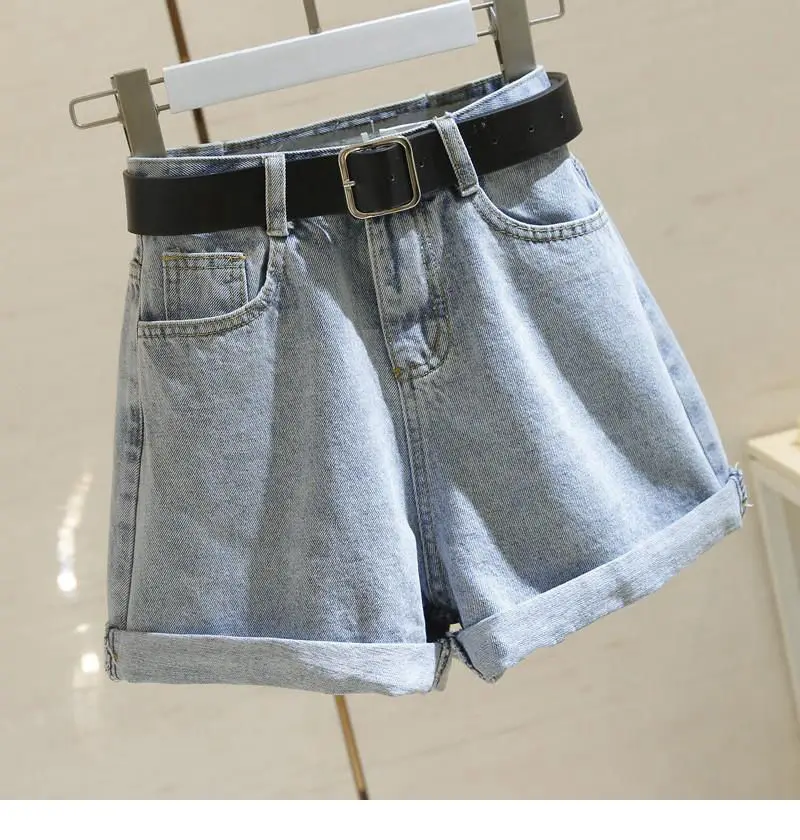 Ailegogo Streetwear High Waist Women Blue Denim Shorts With Belt Summer Casual Female Wide Leg  Size 2xl Jeans Shorts winter dresses for women