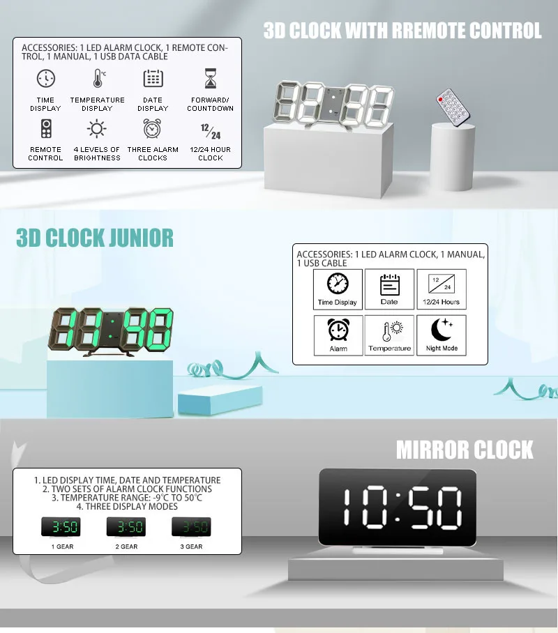 Nordic Digital Alarm Clocks Wall Clocks Hanging Watch Snooze Table Clocks Calendar Thermometer Electronic Clock Digital Clocks