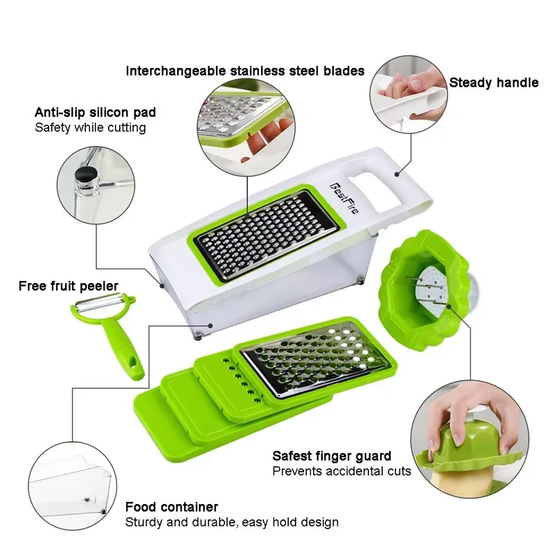 5 In 1 Mandoline Slicer Stainless Steel Mandolin Vegetable Slicer Julienne Cutter Dicer with Container Cheese Shredder YY053