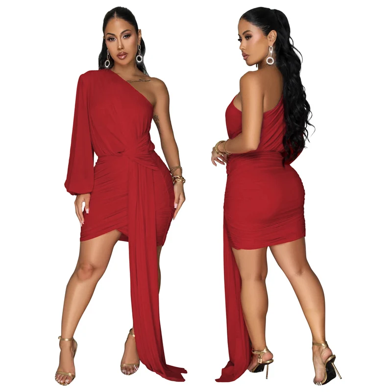 فستان قصير مثير بكتف واحد وأكمام واسعة للنساء ملاب...