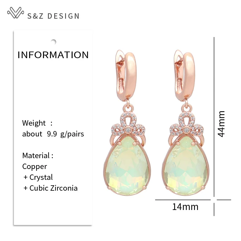 S&Z DESIGN New Fashion 585 Rose Gold Color Water Drop Crystal Dangle Earrings For Women Wedding Cubic Zirconia Eardrop Jewelry