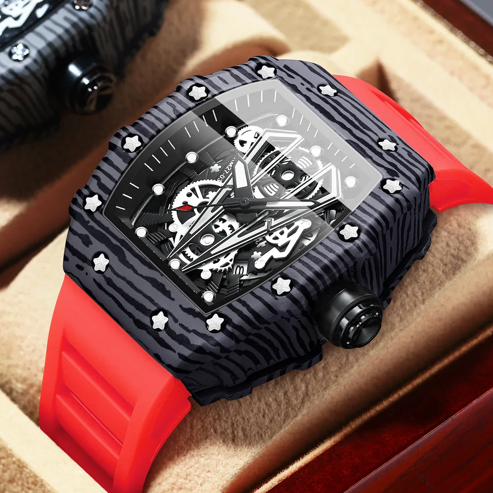 

BINBOND B8577 Top Luxury Men Quartz Watch Silicone Strap Hollow Watches Mens Waterproof Sports Wristwatches Relogio Masculino