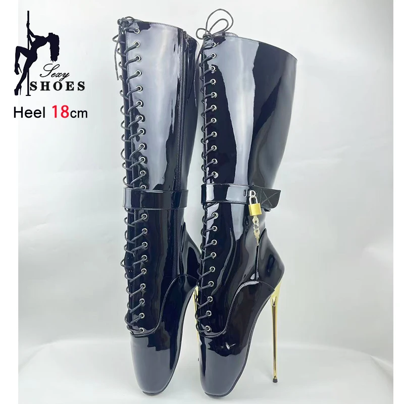 New 7" Stiletto Lockable Padlocks Sexy Fetish Mid-calf Boots Night Club Women Black Ballet Boots Fashion Cross dressing Shoes