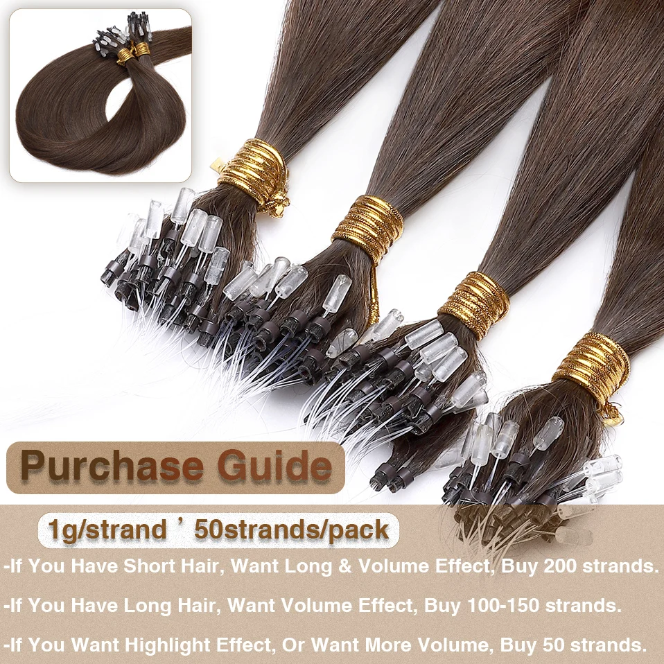 S-noilite 1g/strand Micro Loop Hair Extension Human Hair Micro Link Ring 50pcs Keratin Capsule Brown Straight Natural