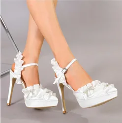 Large Size Bow Shoes High Heel Sandal for Women Buckle Suit Female Beige Big High-heeled Girls Fashion Comfort Rhinestone 2024 S