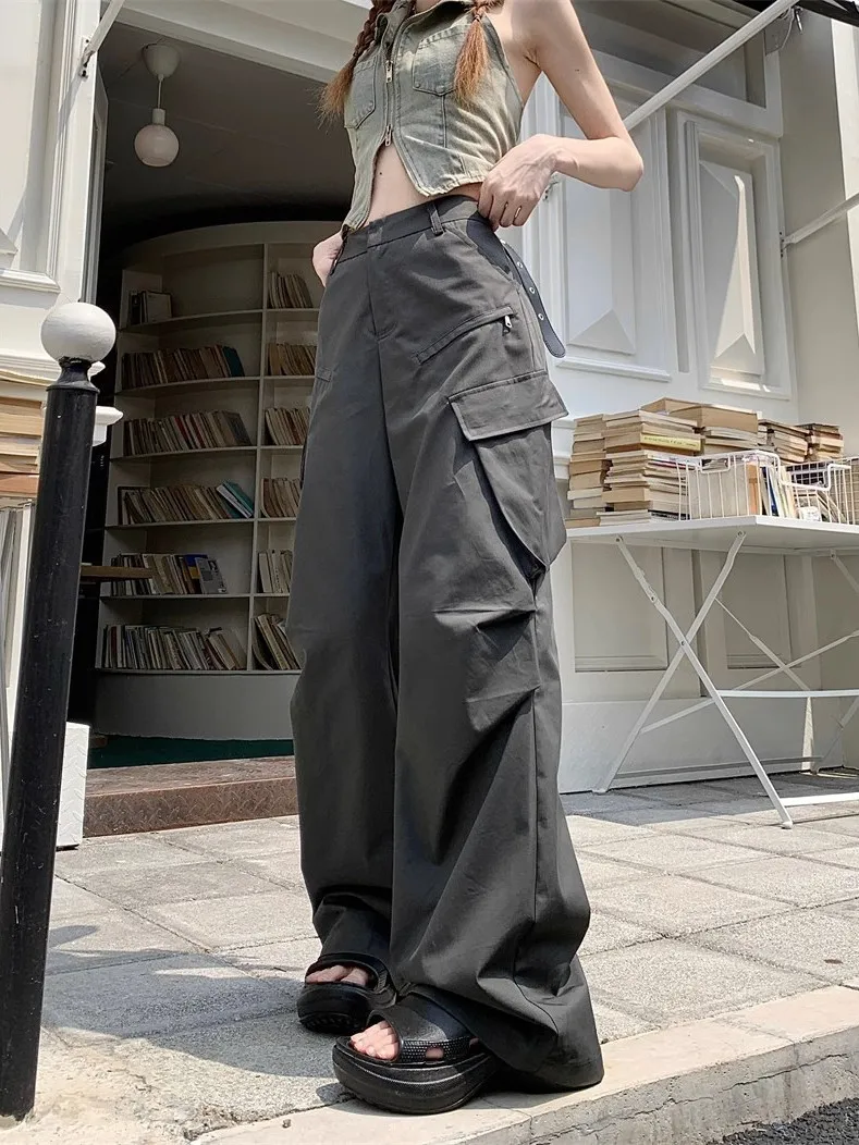Korean personality gray overalls casual pants for women summer ins fashion brand y2k loose high waist wide leg straight pants