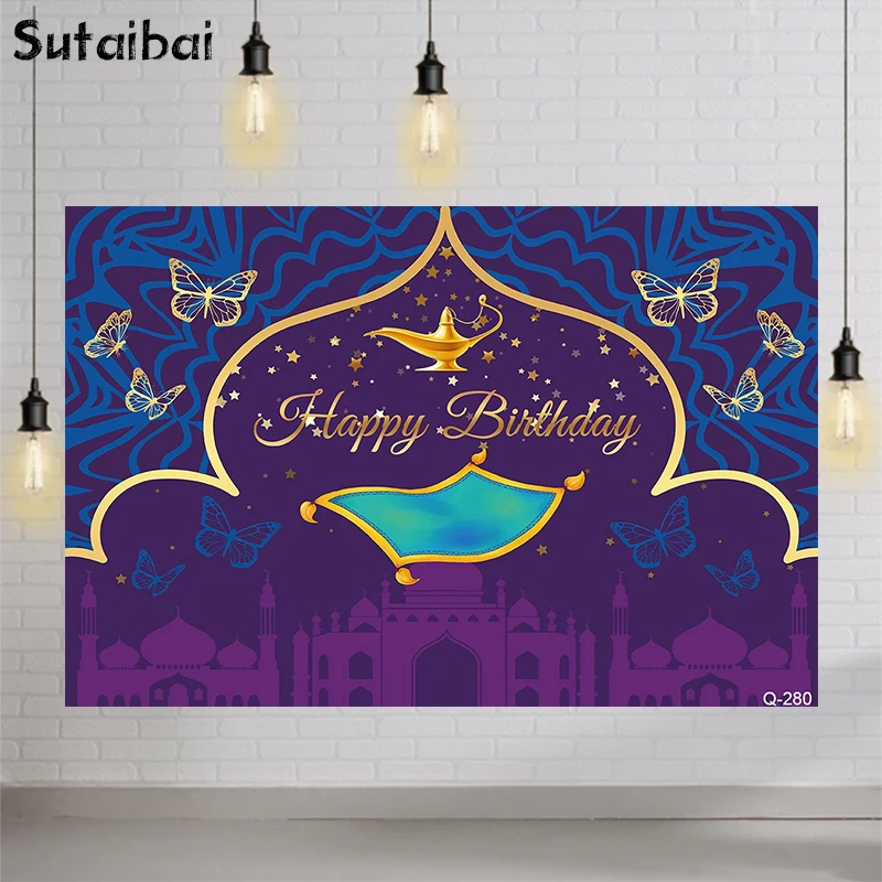 Magic Arabian Night Fondale Pruple Birthday Party Banner Aladdin Indian Gold Palace Photography Sfondo Decorazione Della Tavola