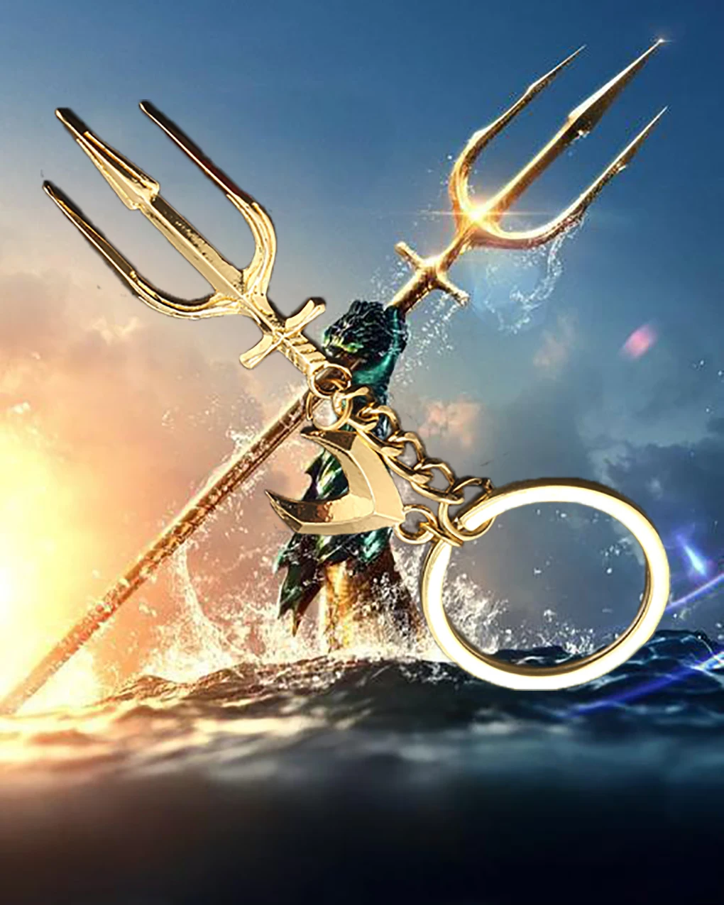 Superhero Movie Poseidon Trident Keychain Metal Pendant Weapon