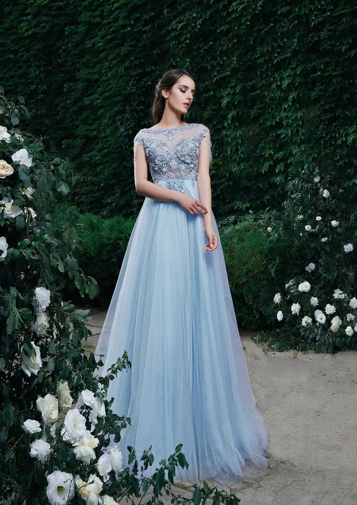 

Blue Prom Dresses Lace Applique Tulle Glitters Long A Line Beaded Tassel Shoulder Evening Gowns Formal Party Women Graduation