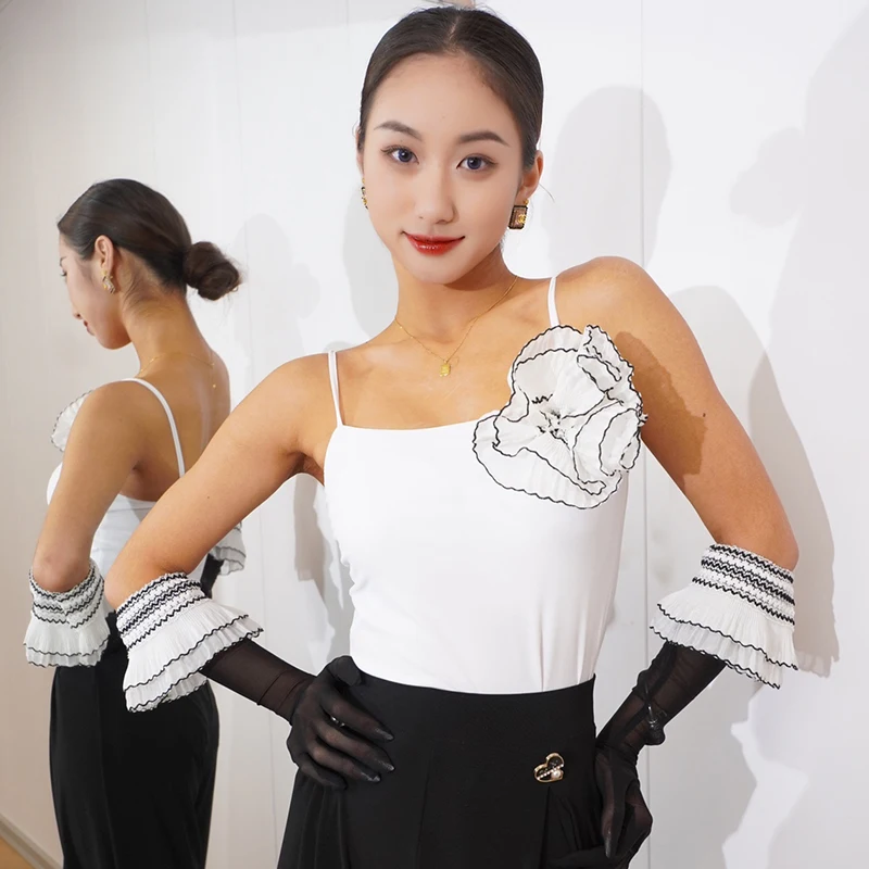 

New White Latin Dance Tops Flower Ballroom Dance Performance Clothes Women Rumba Latin Practice Wear Summer Bodysuit DNV17866