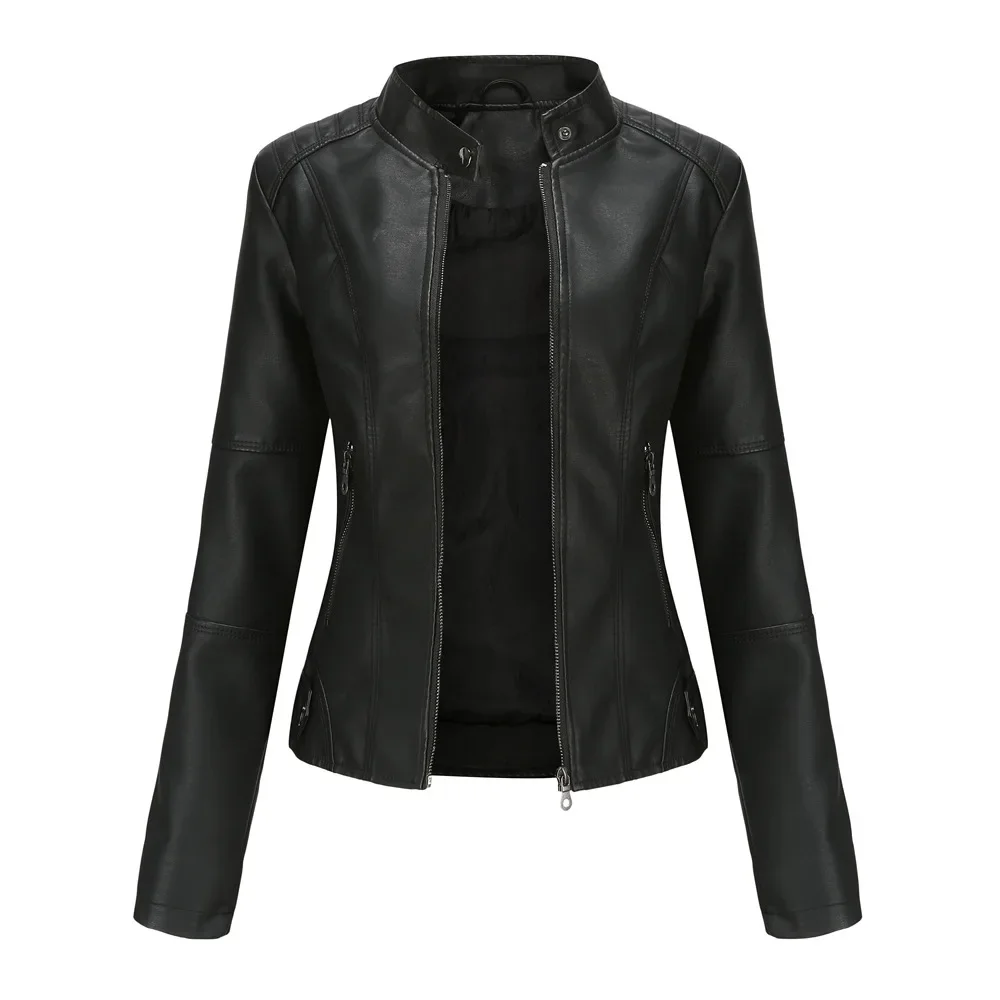 high quality short leather jacket for women long sleeve big size slim motorcycle jacket new 2023 autumn clothing black brown
