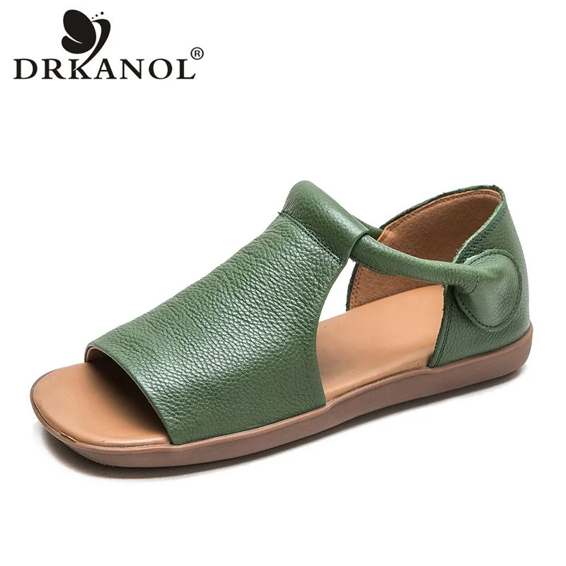 

DRKANOL Fashion Sandals Women Summer Open Toe Shoes Solid Color Quality Genuine Cow Leather Soft Comfort Casual Flat Sandals