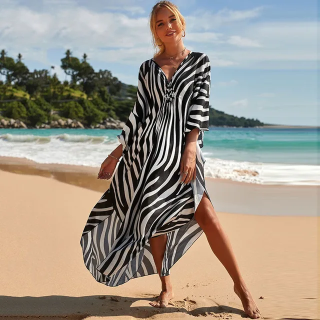 Plus Size Womens Animal Print Kaftan Dresses Caftans Swimwear Coverups Summer Bathing Suit Long Beach Dress