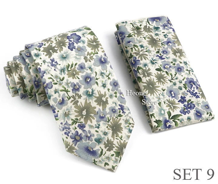Neuheit Floral Baumwolle Herren Casual Krawatte Set Fit Hochzeit Party Grün Rosa Blau Krawatte Einstecktuch Romantisches Gravata Zubehör – Detail 10