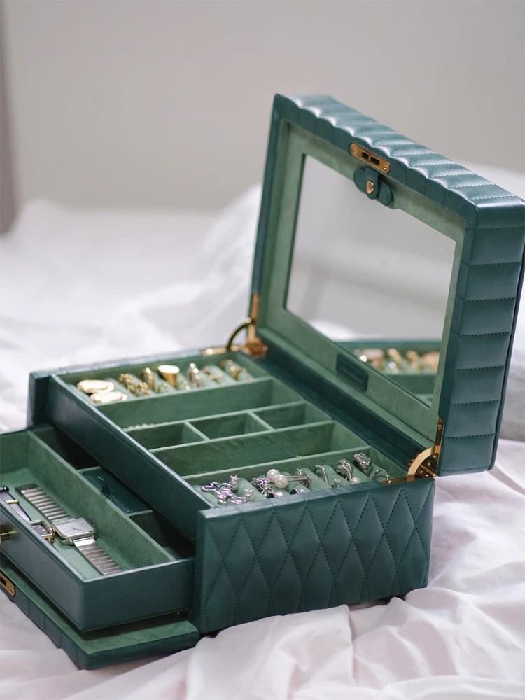 

Jewelry Box Leather Flannel High-End Exquisite Home Bedroom Decoration Earrings Bracelet Large Capacity with Lock Watch Storage