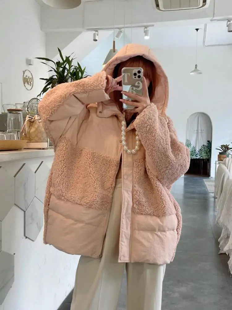 

New Women Clothes Winter Hooded Loose Coat Lamb Wool Splicing Korean Zipper White Duck Down Short Puffer Coat