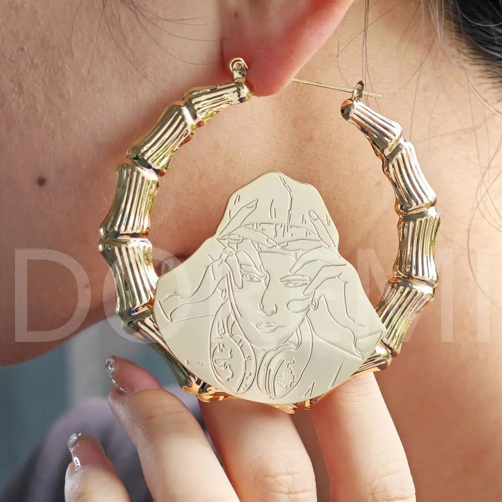 DOREMI Custom Picture Bamboo Hoop Earrings Personalized Photos Necklace Hoop Engrave Lines Street Man Gift Earring Bamboo Hoop