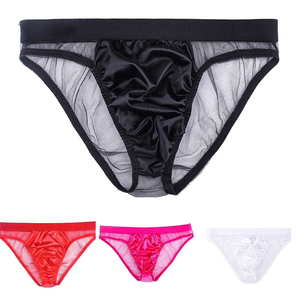 

Sexy Men Mesh Satin Briefs Perspective Underwear Panties Low Waist Breathable Bikini Pouch Underpants Men's Erotic Lingerie